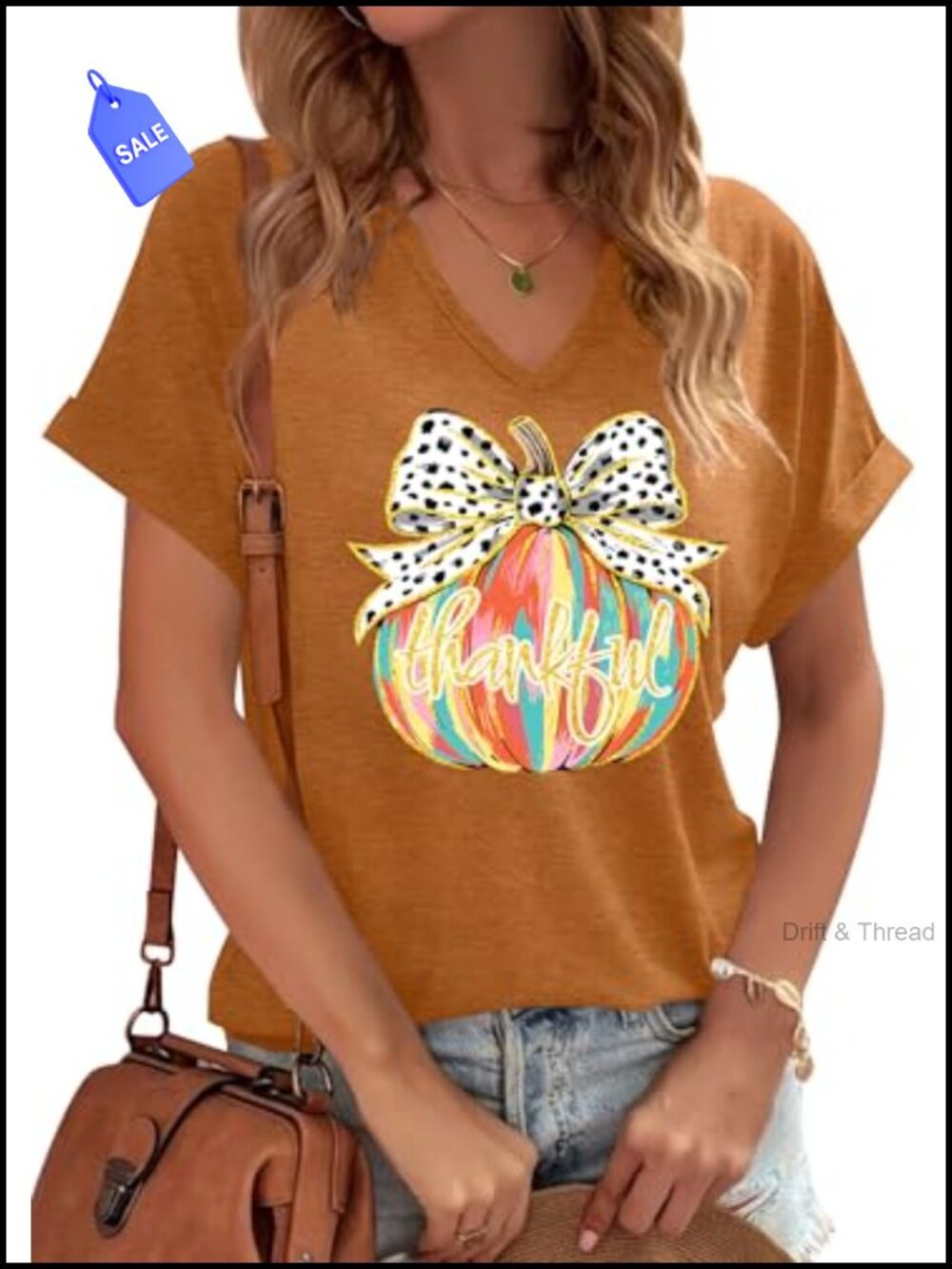 Thankful V Neck Tee Thanksgiving Short Sleeve Top Fall